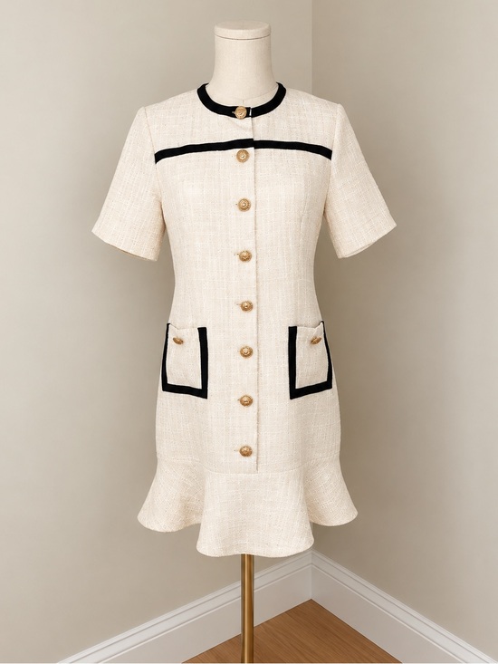 Commense Dresses & Skirts - Commense Cream Bouclé Short-Sleeve Dress with Black Trim